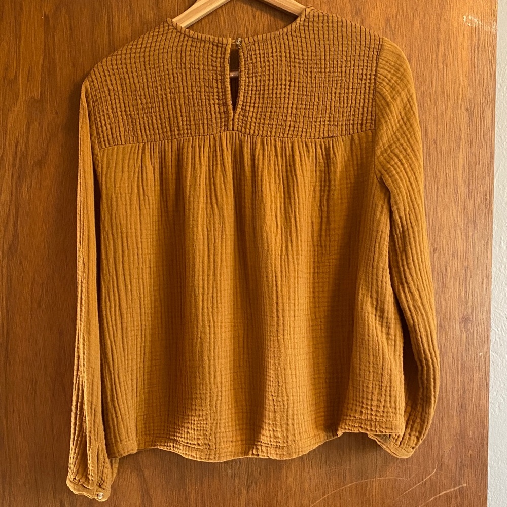 Madewell Women Long Puff Sleeve Mustard Yellow Waffle Knit Georgette Top Small - Picture 4 of 8
